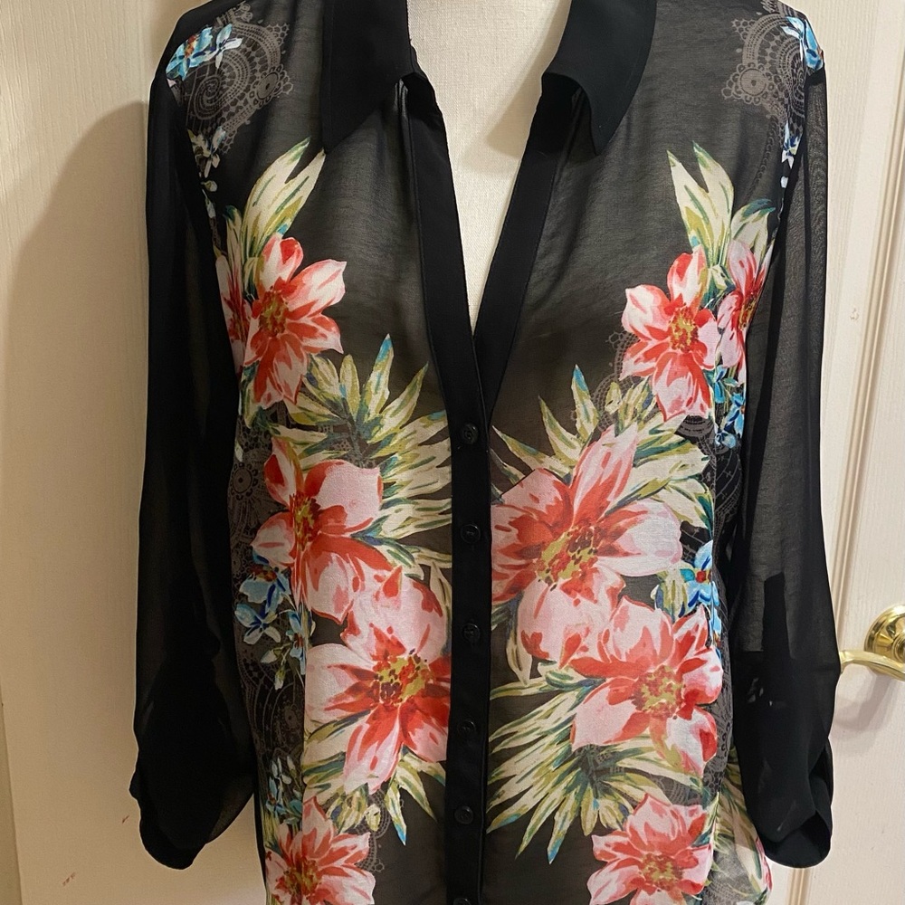Cache Floral Sheer Black Blouse adjustable sleeves size XL